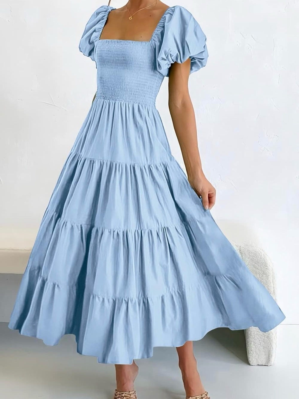 Light Blue Midi Dress with Puff Sleeves